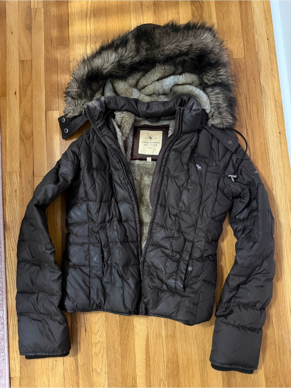 Abercrombie & Fitch Vintage Womens Brown Fur Hooded Down Puffer Jacket Y2K